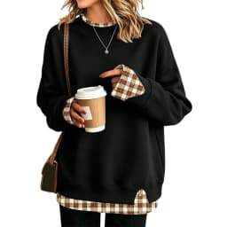 Crew Neck Sweatshirts Women Cute Long Sleeve Oversized Sweatshirt Plaid Pullove In Layered Tunic Drop Medium Weight Hoodie