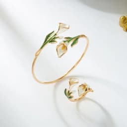 Retro Red Rose Flower Bracelet Ring Set For Women Vintage Drip Oil Open Adjustable Cuff Bangle Finger Ring Party Wedding Jewelry