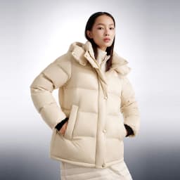 BOSIDENG Women Hooded Short Goose Down Coat 90% Goose Down 700+ Loft Shiny Fabric Adjustable Waist Puff Winter Outerwear