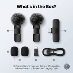 Wireless Mini Lavalier Clip Mic with Furry Windscreen, Dual‑Port Type‑C & Lightning Adapter for iPhone, Android, Tablets, Laptop