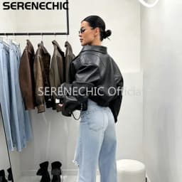 SERENECHIC Textured PU Aviator Coat with Elastic Hem Women's Black Cropped Faux Leather Jacket New Vintage Outerwear Female