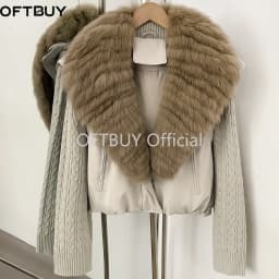 OFTBUY 90 White Duck Down Jacket Cable Knit Sleeve Zipper Drawstring Hem Cropped Coat Women Winter Real Layered Fox Fur Collar