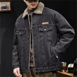 Men's Winter Thickened Warm Cotton Jacket Lamb Velvet Collar Denim Workwear Casual Style Long Sleeve Button Closure Coat