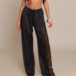 hirigin Women's Satin Wide Leg Trousers Lace Patchwork High Waisted Drawstring Lounge Pants Elegant Loose Fit Bottoms