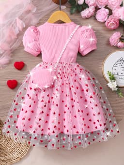 Gift bag! Round neck bubble sleeve pearl gauze dress Love gauze Valentine's Day and wedding partyFor children aged 4-7