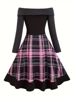 A Retro Era Plaid Off-the-Shoulder Knitted Dress for Women's Autumn and Winter in Size 2025