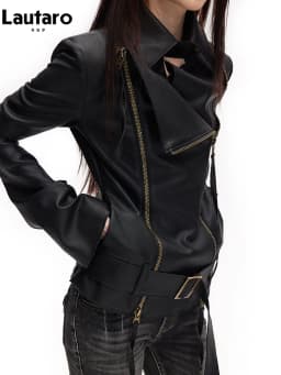 Lautaro Spring Autumn Cool Handsome Soft Black Pu Leather Jacket Women Long Sleeve Double Zippers Luxury Clothes Runway Fashion