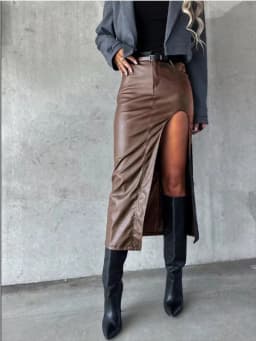Women's Mid Pu Leather skirt solid Color slit sexy Hip Hugging skirt High Street Party Fashion Punk Style Autumn Skirt