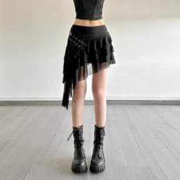 SylCue Mesh Patchwork Mini Skirts Women Elastic Waist Bandage Decoration Tierred Street Versatile Style Ruched Elegant Bottoms