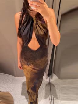 Gradient Printed Women's Maxi Dress Tie Halter Neck Front Chest Cut Out Midriff Hollow Full Bare Back Flared Fish Tail Skirt