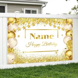Custom Name Birthday Photo Backdrop Banner - Glitter Stars & Balloons Background with Replaceable Text for Party Decor