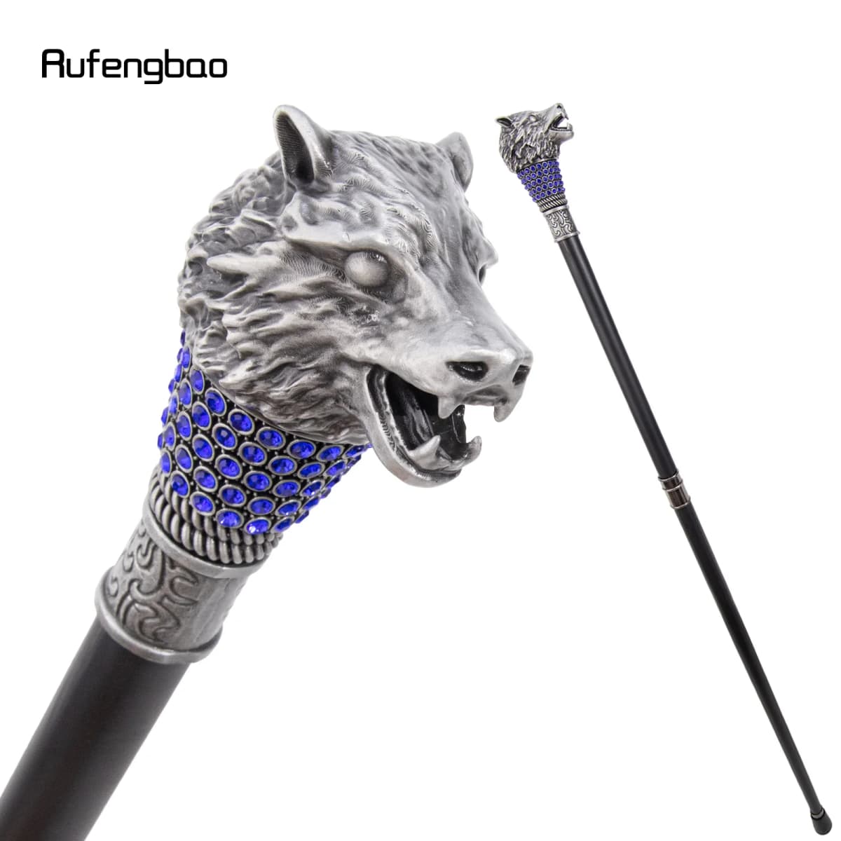 Golden Blue Wolf Head Decorative Stick Parties Decorative Cane for Halloween for Cosplay and Parties Cane 93cm