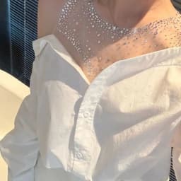 Women's Mesh Sequin Elegant Off Shoulder Shirt Long Sleeve Blouse - White Button-Up Design for Party & Casual Wear Top