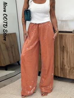 Sequin Loose Summer Women's Pants Low-rise Drawstring Straight Wide Leg Y2k Pant And Trousers New Beach Casual Clothes 2026