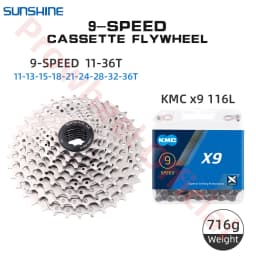Shimano K7 9Speed Freewheel and Chain Groupset H200 Sunshine 23/25/28/30/32/36/40/42/46/50T Cassette HG53/KMC X9 Chain 9V Kit