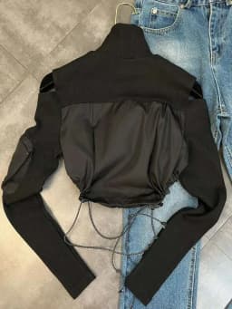 DEAT 2026 New Spring And Winter High Turltleneck Full Sleeves Off The Shoulder Drawstring Zippers Short Sweatshirt WW95701L