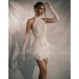Rebecca Customized Halter Neck Long Lace Gloves Prom Dress Sheath Mini vestidos de noche Sheer Lace Panels Evening Dresses 2026