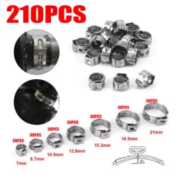 210Pcs Stainless Steel Ear Stepless Hose Clamps Kit, Worm Drive Fuel Water Pipe Clips with 1Pc Clamp Pliers for Plumbing Repair