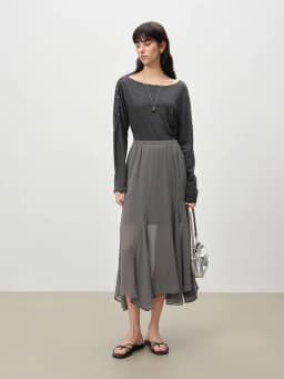 ZIQIAO Design-Forward Asymmetrical Drape Women Chiffon Skirt Spring 2026 New Arrival Soft Elegance Long Skirt Elastic Waistband
