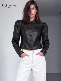 Cropped PU Leather Women's Jackets Coats Puff Sleeve Single Breasted Coat Button Slim Fit Short Jacket Vintage Lady Outerwear