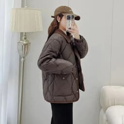Autumn Winter Overcoat PU Leather Cotton-padded Jacket Women's Rhombic Lattice Short Coats Female Warm Outerwear No-wash Parkas