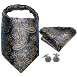 Hi-Tie Silk Mens Ascots Hanky Cufflinks Set Jacquard Paisley Floral Cravat Tie Self Vintage Ascot Black Gray Red Gold Pink Blue