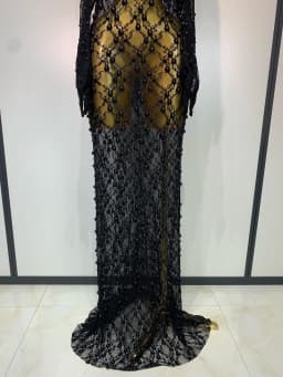 Women Luxury Black Pearls Lace Backless See Through Long Dress With Gloves Evening Club Party Celebrity Elegant Stage Costume