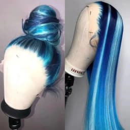 13x4 Glueless Blue Long Straight Synthetic Lace Front Wig Pre Plucked Ready To Wear for Women 24-32 Inch Daily Use
