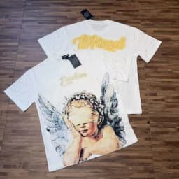 Mixed Emotion American Mask Wearing Angel Print Beaded Loose Short Sleeved T-shirt for couples Men Women Tee Tops