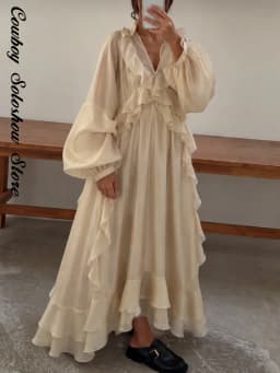 Elegant Ruffle Women's Dress Solid V Neck Full Lantern Sleeve Loose Long Casual Dresses New Street Beach Vacation Robe 2026