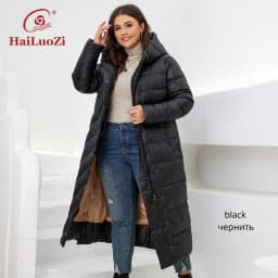HaiLuoZi 2022 New Winter Women's Jackets Plus Size Mid-length Thick Hood Warm Zipper Belt Classic Casual Women Coat Parkas 6037