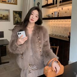 Chic White Women Faux Fur Jacket Pearl Button Coat Collarless Long Sleeve Cropped Loose Luxury Cozy Winter Outerwear Top