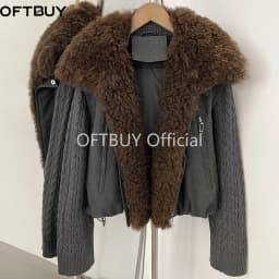 OFTBUY 90 White Duck Down Jacket Knit Sleeve Zipper Pockets Drawstring Short Coat Women Winter Real Curly Lamb Wool Fur Collar