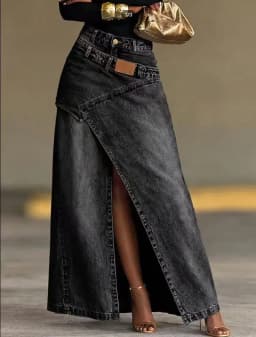 Ladies Vintage Washed Denim Long Skirt Irregular Overlap Design High Split Maxi Skirt High Waist Fashion Casual
