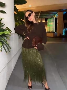 Women's Olive Green Sequin Fringe Midi Skirt Sparkly Tassel Party Skirt for Evening Clubwear 2025 Festival New Sexy Lady Skirts
