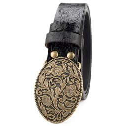 Tang Grass Pattern Embossed Leather Belt Fashion for Men Youth