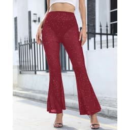 2024 Summer Wine Red Transparent Wide Leg Pants Y2K Trousers Sexy High Waist Women New Fashion Flash Diamond Trousers Streetwear