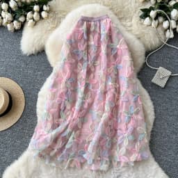Autumn Winter Flower Embroidery Sequin Mesh Midi Skirts Women 2026 Korean Style Fashion Elegant High Waist Faldas