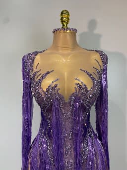 Women Sparkly Diamond Purple Tassel Long Sleeves Mesh See Through Dress Latin Dance Outfits Bar Nightclub Party Club Stage Wear