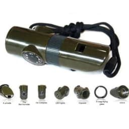 Jungle Survival Whistle with Compass Mirror Flashlight Magnifier LED Light Thermometer Storage Hiking Tool