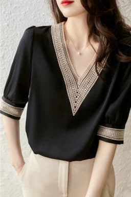 new summer 2022 black Chiffon Shirt V-neck short-sleeve embroidered silk shirt for women