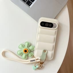 Cartoon Sunflower Down Jacket Lanyard Phone Case for Google Pixel 5 6 7 8 9 10 Pro 9A 7A 6A 5A Hand Wrist Strap Soft TPU Cover