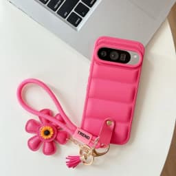 Cartoon Sunflower Down Jacket Lanyard Phone Case for Google Pixel 5 6 7 8 9 10 Pro 9A 7A 6A 5A Hand Wrist Strap Soft TPU Cover