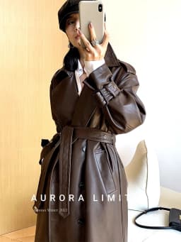 Lautaro Spring Autumn Long Loose Brown Pu Leather Trench Coat for Women Belt Double Breasted American and European Fashion 2023