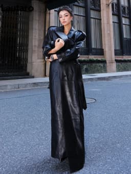 Lautaro Spring Autumn Cool Extra Long Black Loose Pu Leather Trench Coat for Women with Shoulder Pads Belt European Fashion 2024