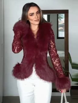 Sexy Lace Patchwork Women's Fur Coat V-Neck Full Sleeve Waist-Closed Lady Coats 2026 Autumn Winter Chic Female Streetwear