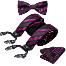 Burgundy Black White  Mens Suspender Adjustable 6 Clips Jacquard Braces Bowtie Hanky Cufflinks Set Silver Gold