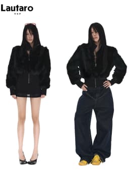Lautaro Spring Winter Short Black Soft Thick Warm Hairy Faux Fur Coat Women Zip Up Luxury Designer Clothes Fluffy Jacket 2025