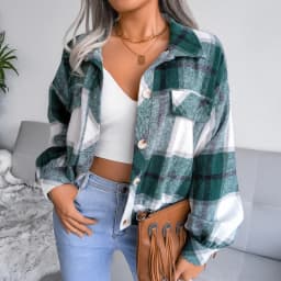 Autumn Winter Women Plaid Woolen Jacket Turn-down Collar Short Top Lantern Sleeve Ladies Casual Fashion Single Breasted Coat