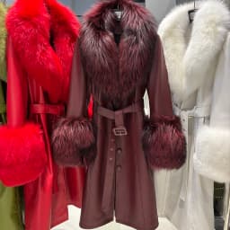 YOLOAgain Women's Detachable Fox Fur Collar Real Leather Jacket Long Navy Blue Jacket